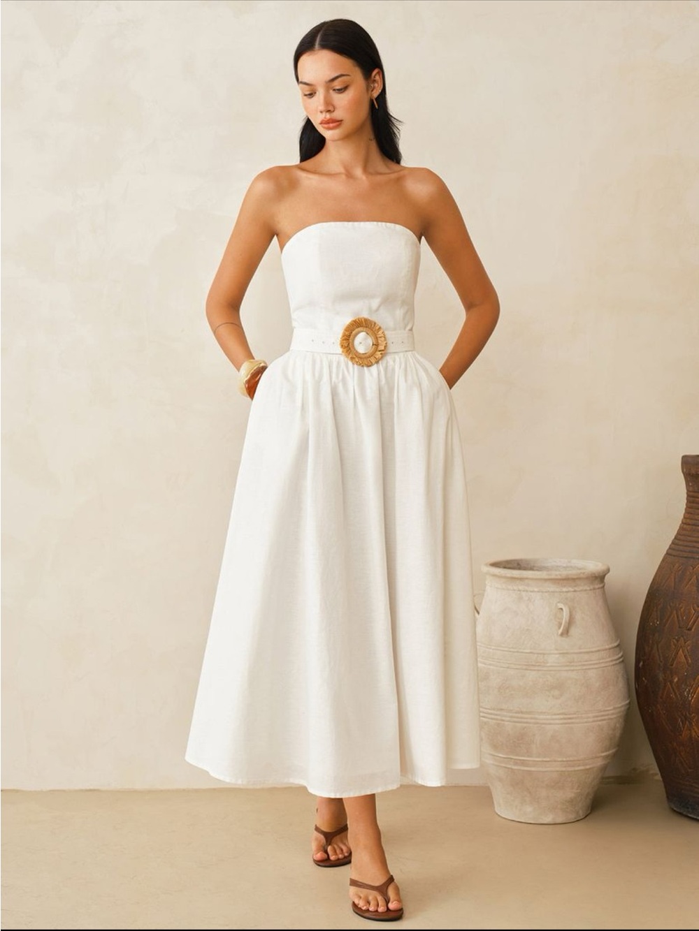 Strapless White Midi Dress with Statement Belt - Picture 1 of 5